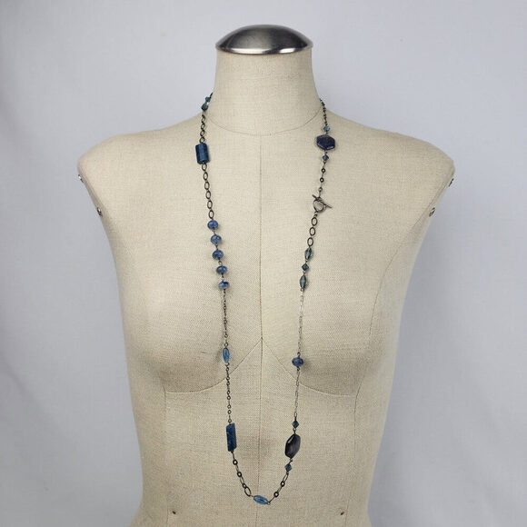 Blue Polished Natural Stone Black Chain Toggle Necklace - Picture 1 of 6